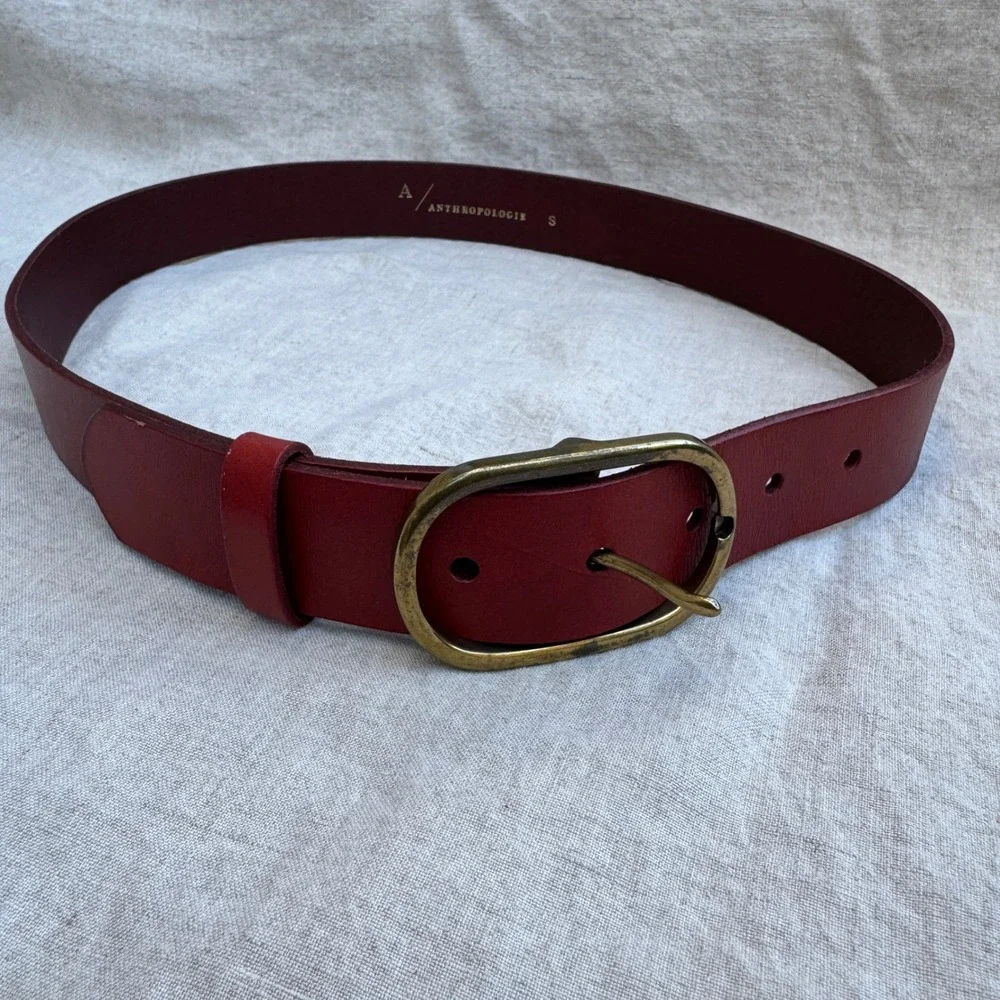 Anthropologie Belt small Red Leather Antique Brass Oval Buckle Boho Minimalist